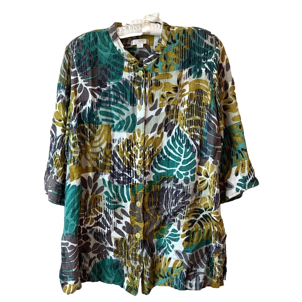 Erin London Top Women's XL Rayon Linen 1/2 Sleeve Button Up Lagenlook Tunic